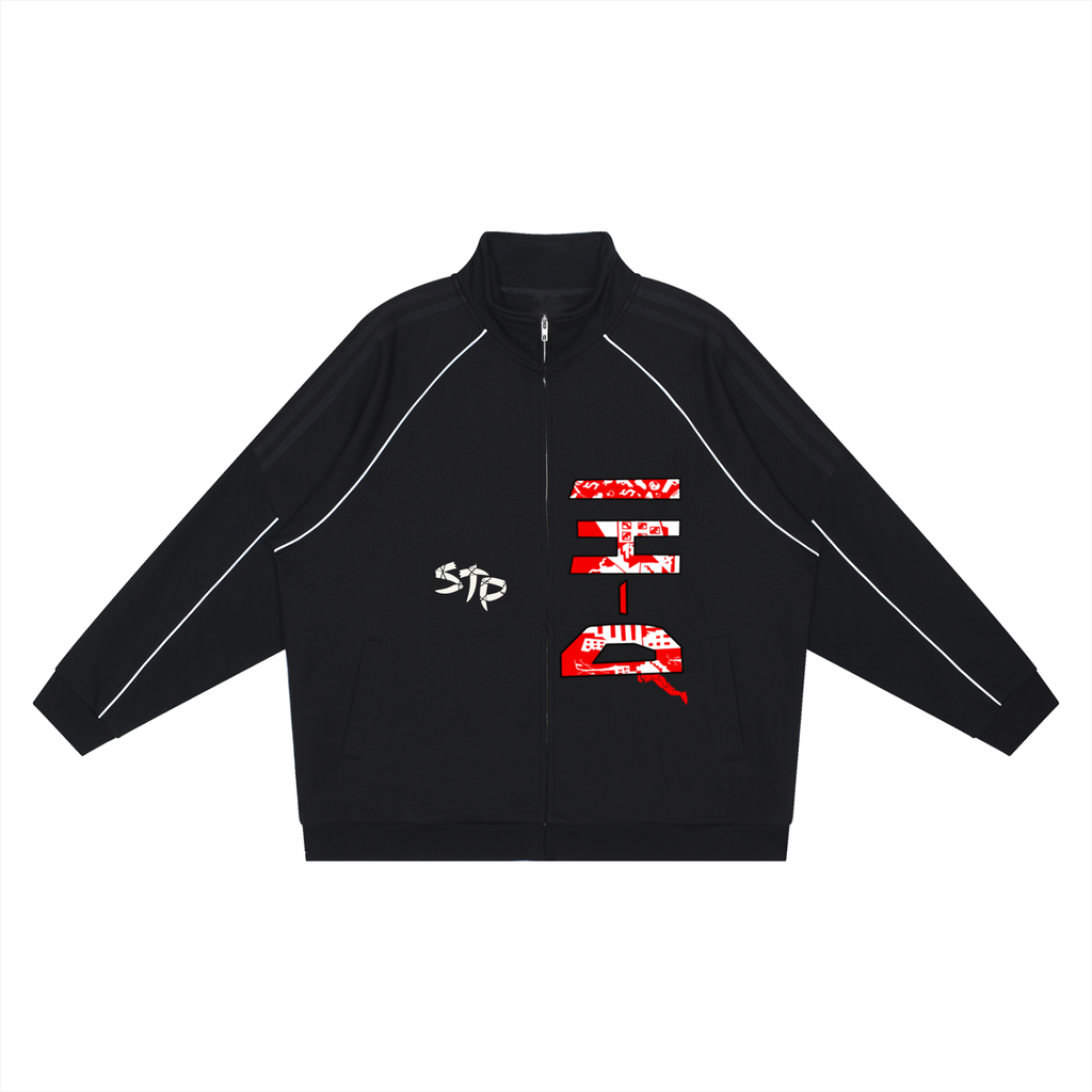 Black jacket with red and white graphic design on a white background