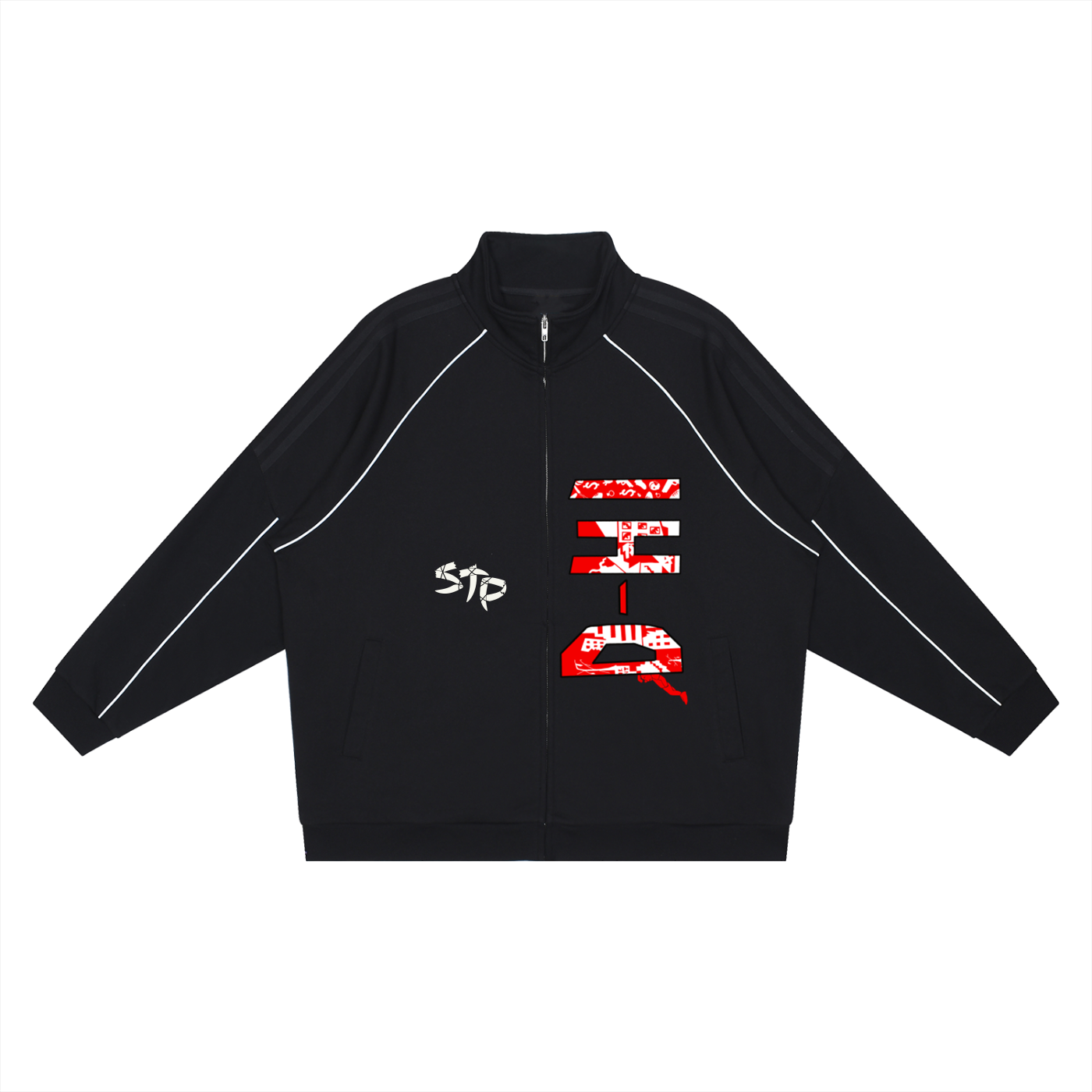 Black jacket with red and white graphic design on a white background