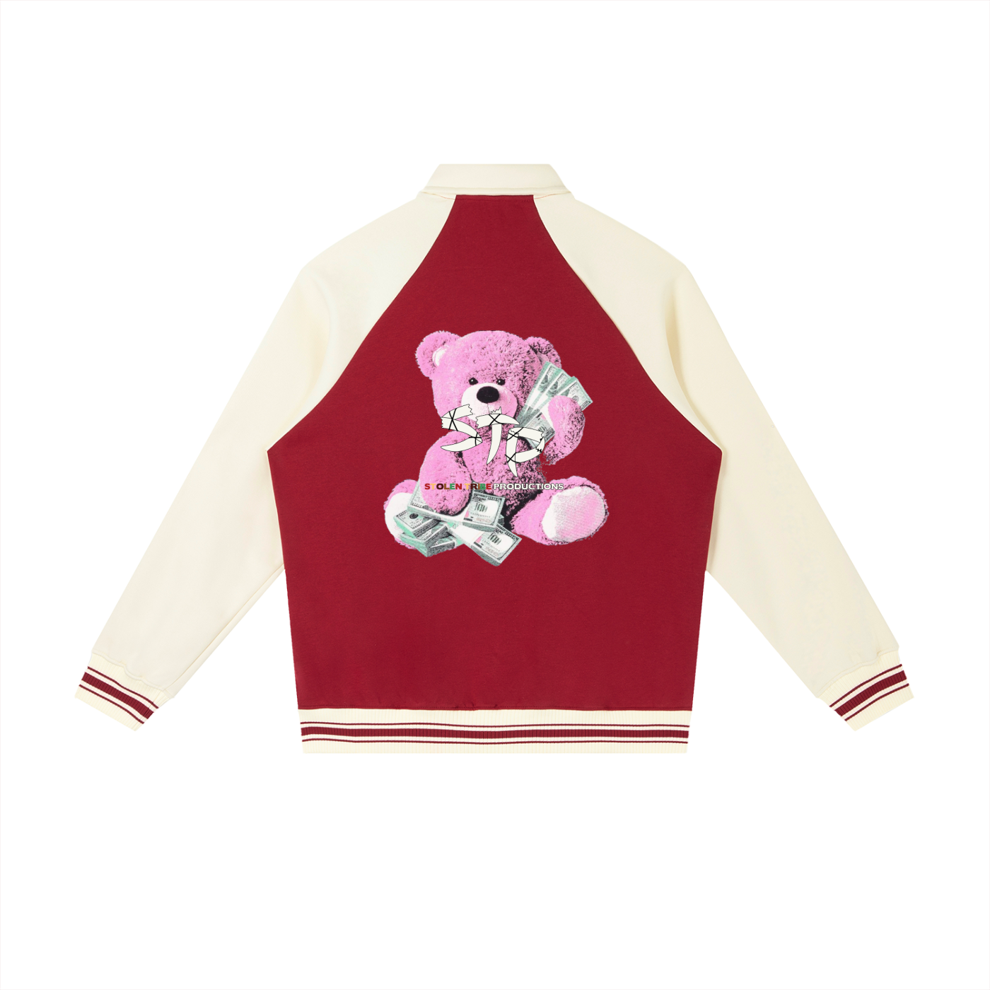 Red and white varsity jacket with a pink teddy bear design on a white background