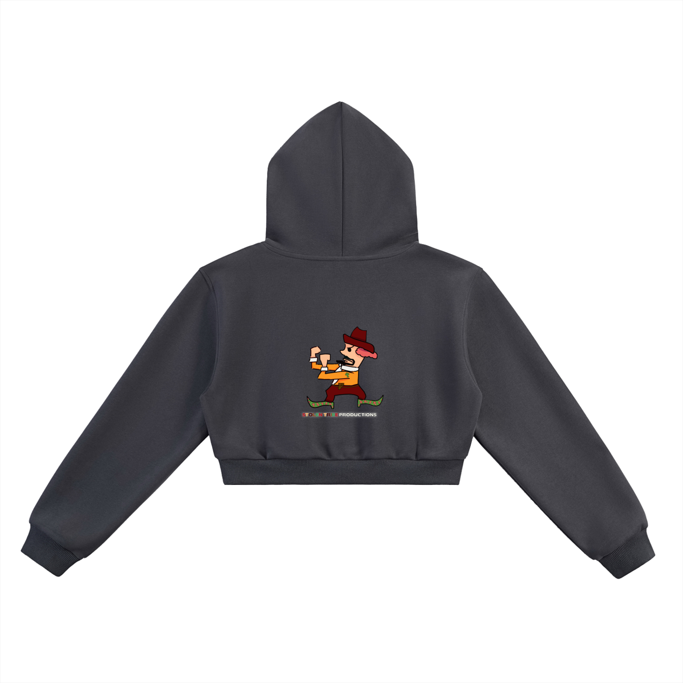 Black hoodie with a cartoon character on the back against a white background