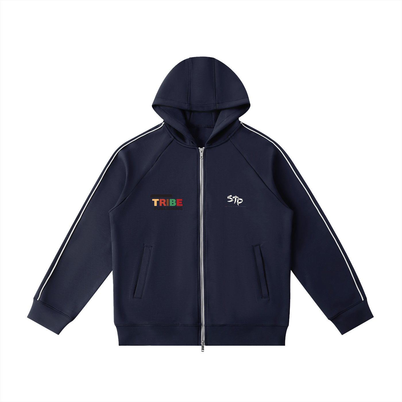 Navy blue hoodie with 'TRIBE' and 'STP' logos on a white background