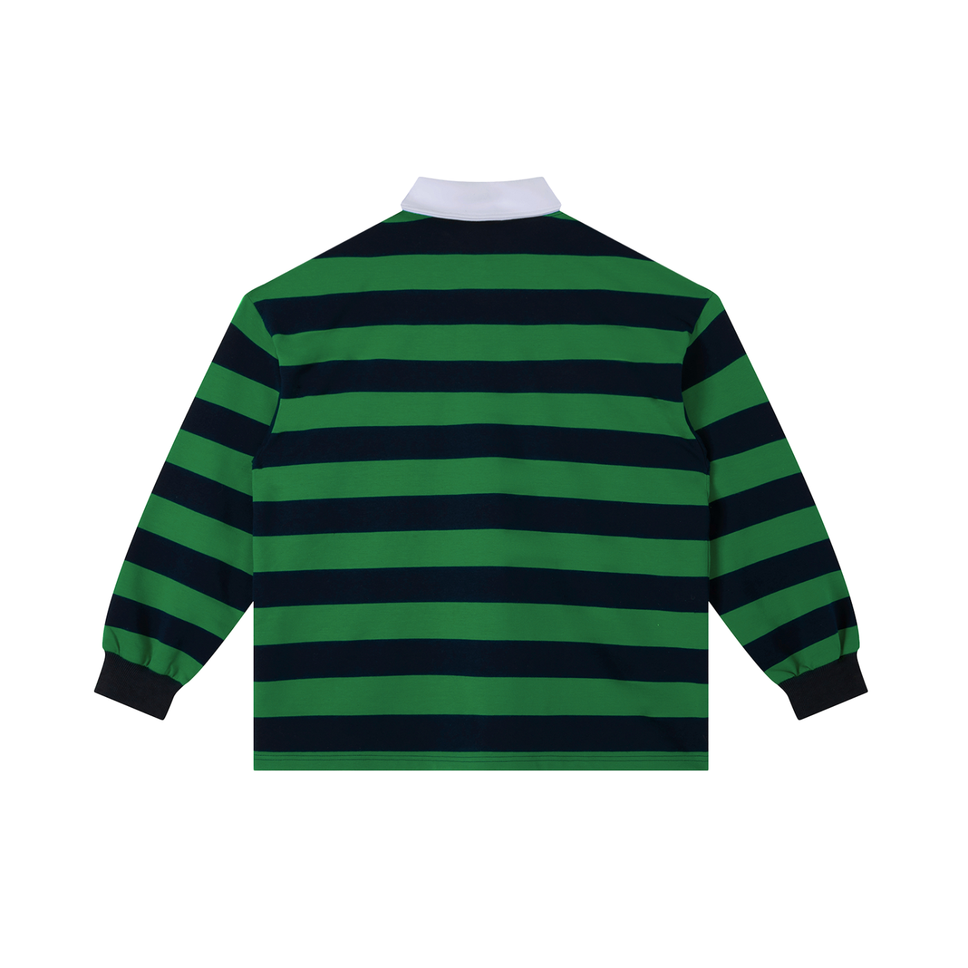 Green and navy striped rugby shirt on a white background