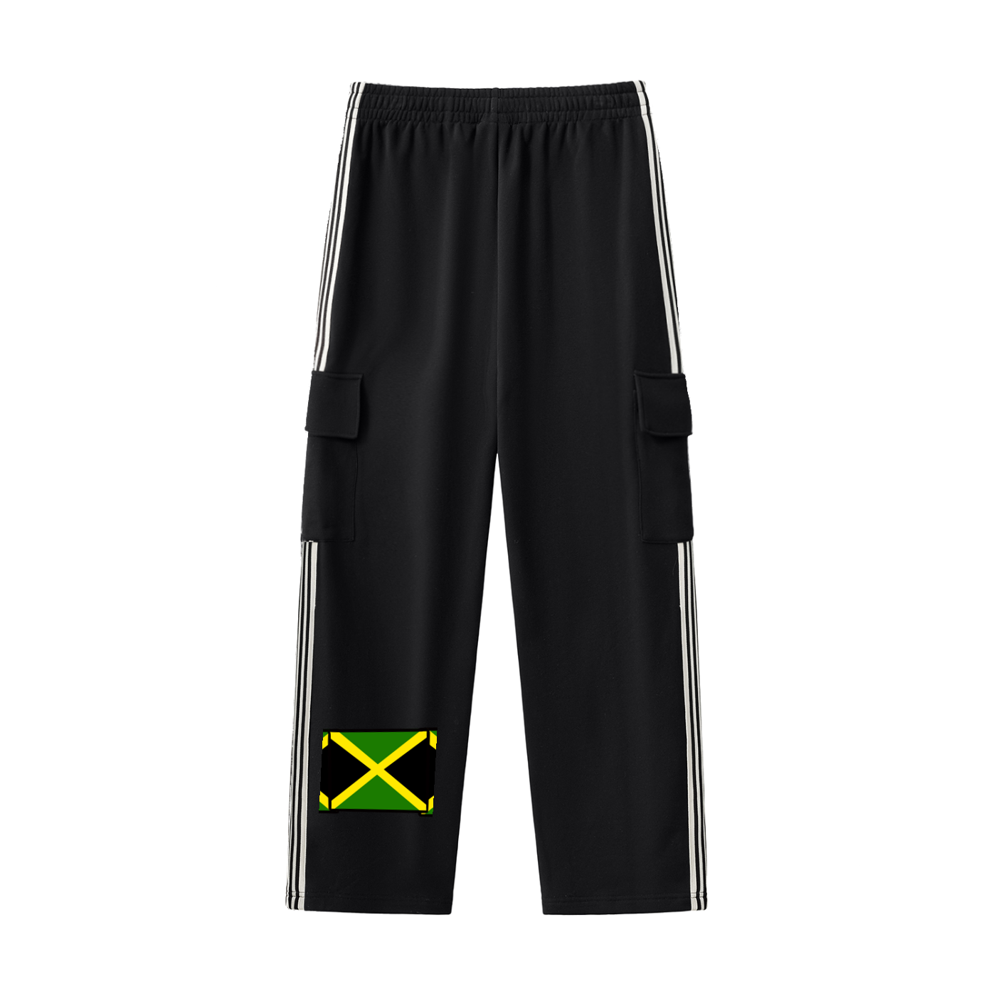 Black cargo pants with Jamaican flag patch on a white background