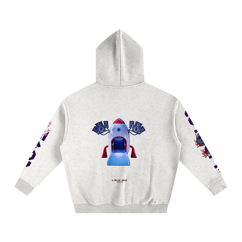 White hoodie with colorful graphic design on a white background