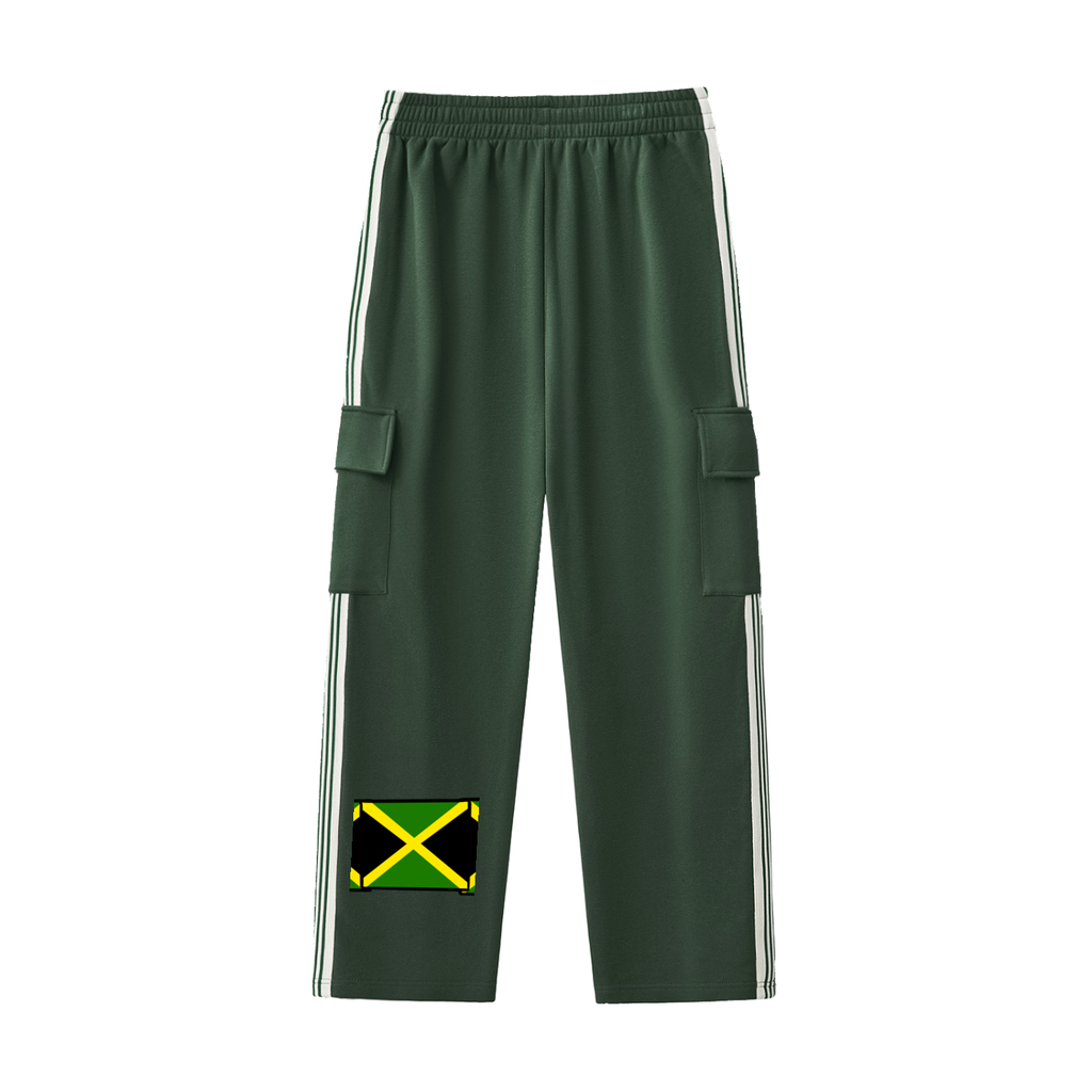 Green pants with Jamaican flag patch on a white background