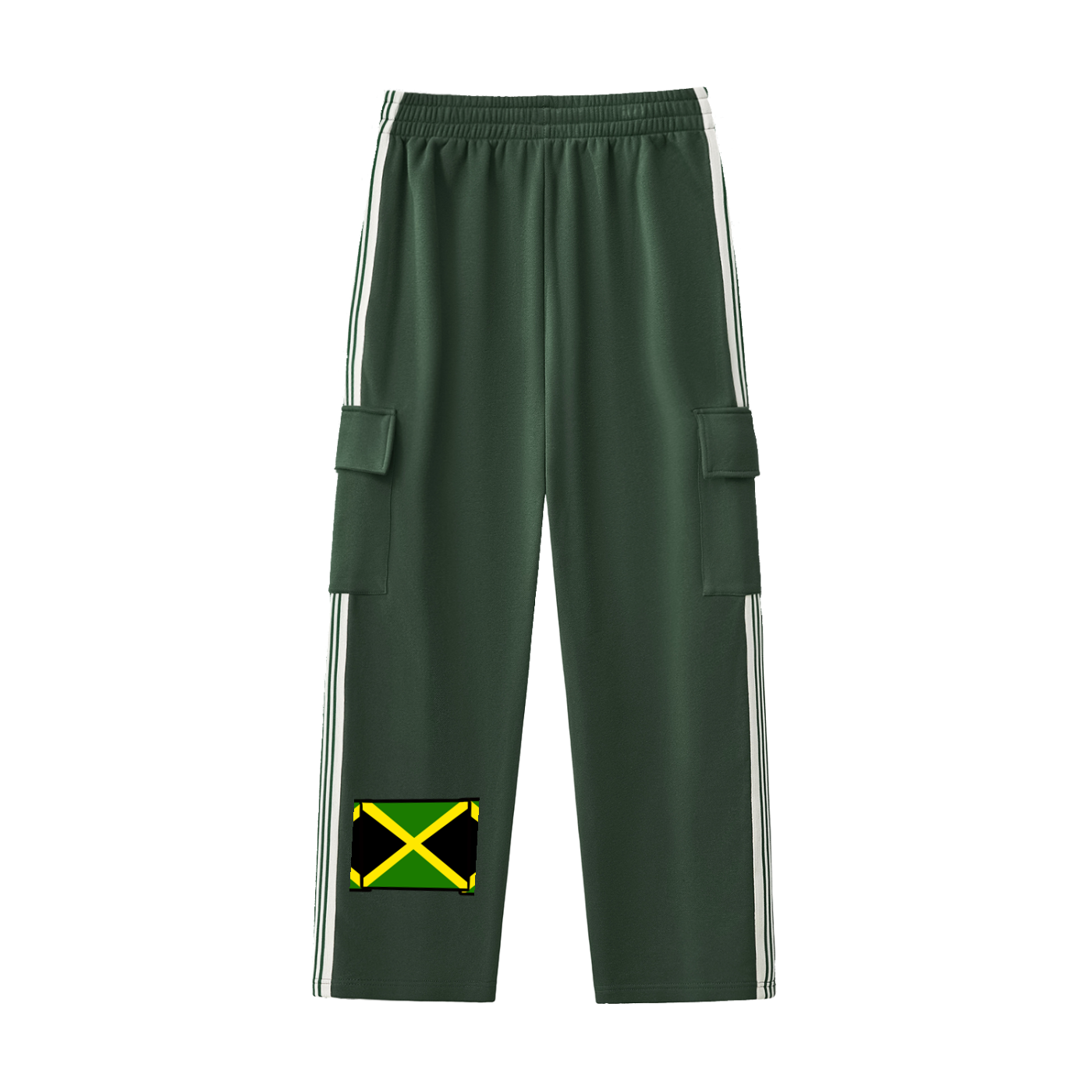 Green pants with Jamaican flag patch on a white background