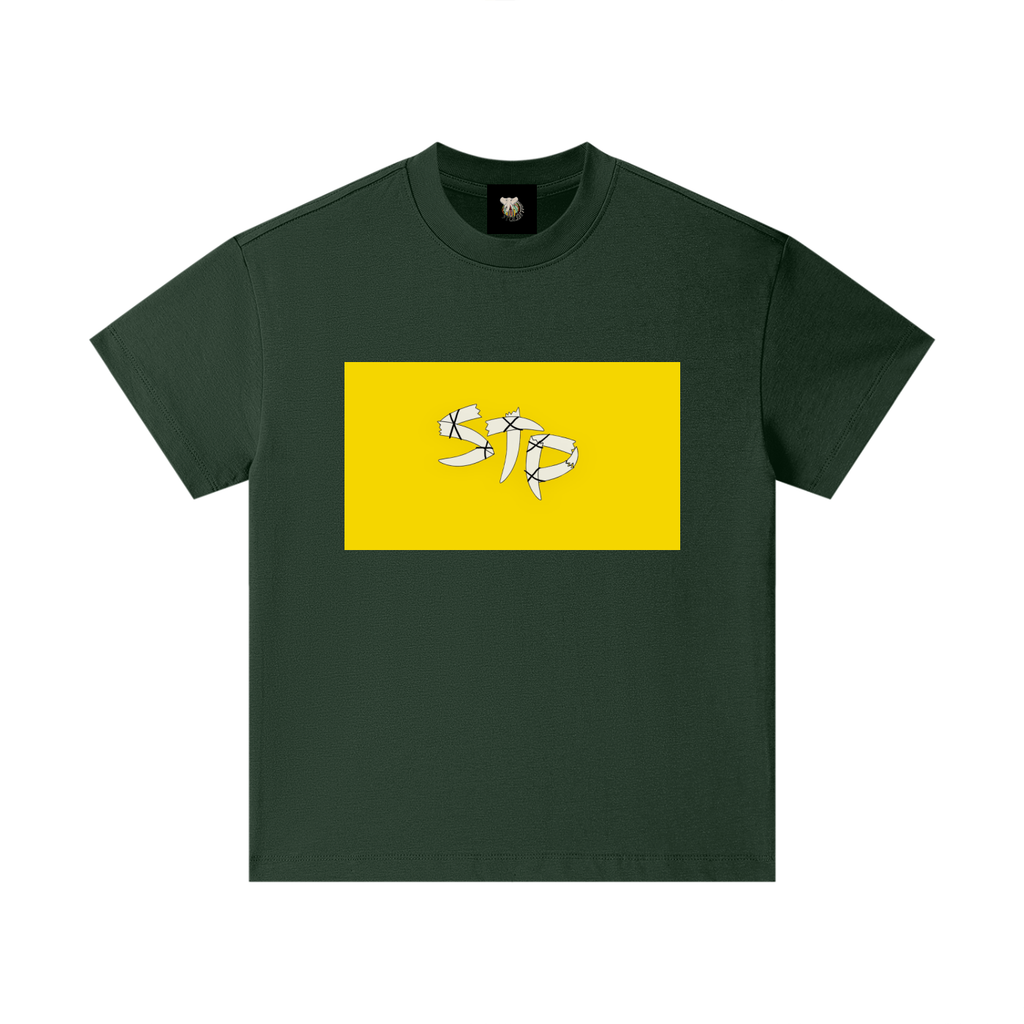 Green t-shirt with a yellow rectangle featuring white text on a white background
