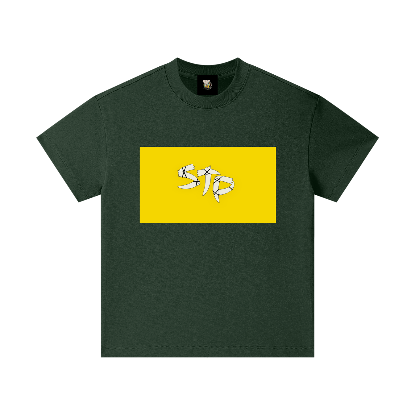 Green t-shirt with a yellow rectangle featuring white text on a white background