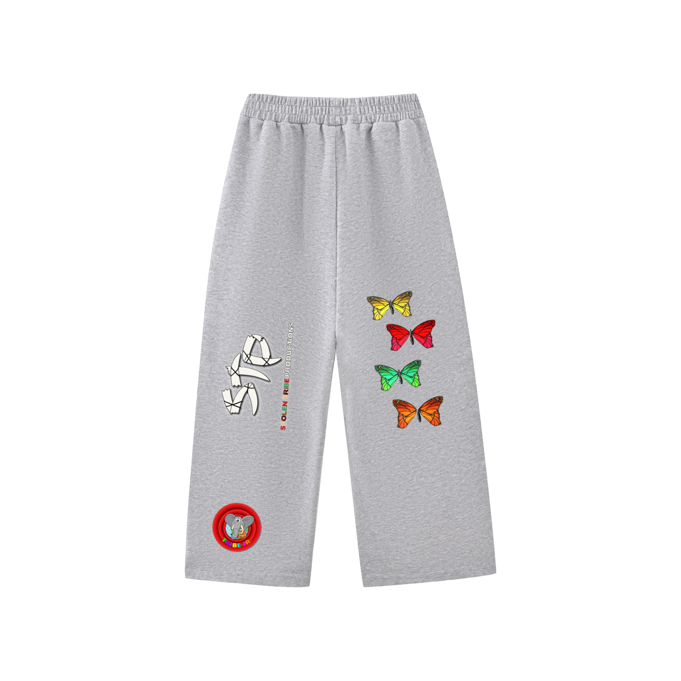 Gray pants with colorful butterfly patches on a white background