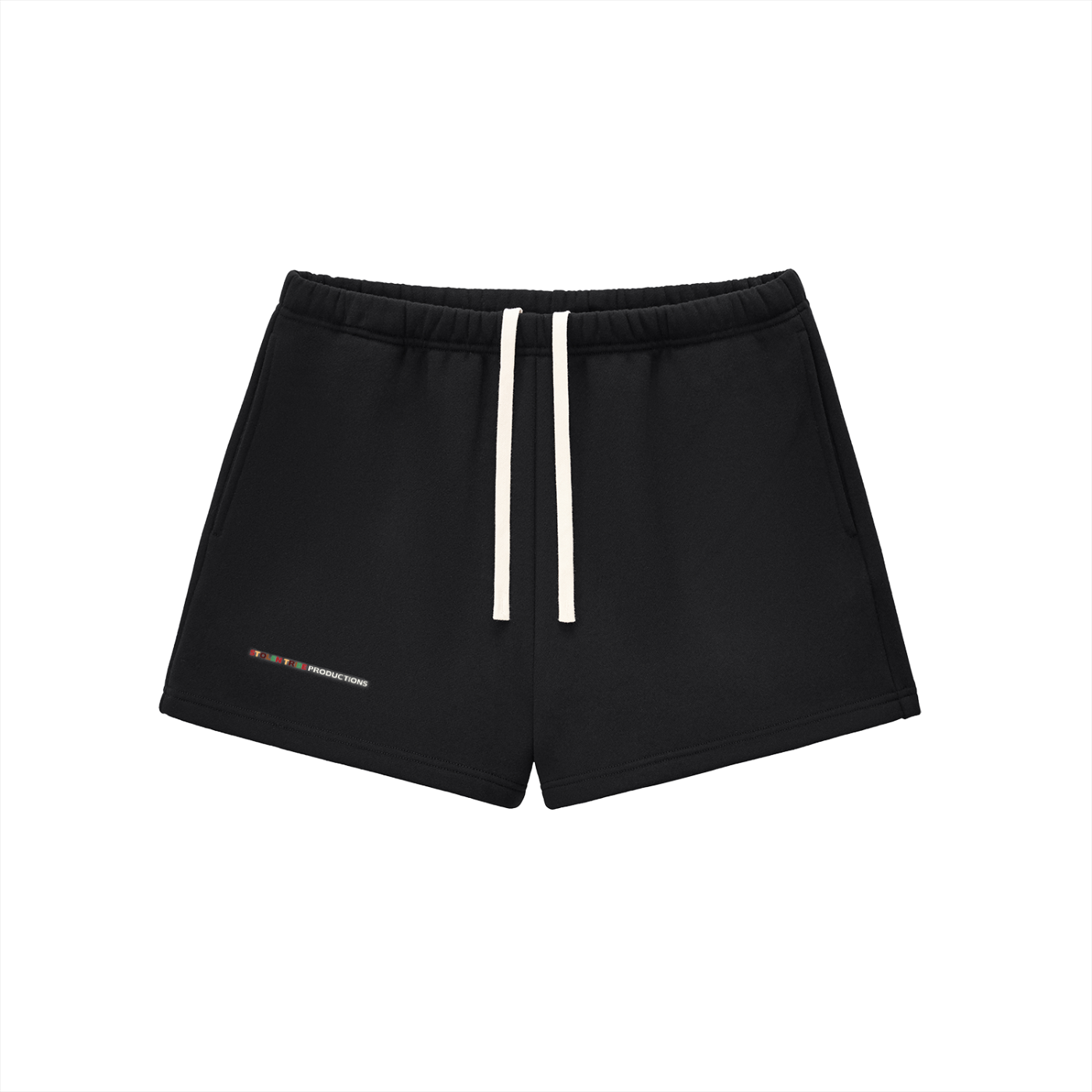 Black shorts with white drawstrings on a white background