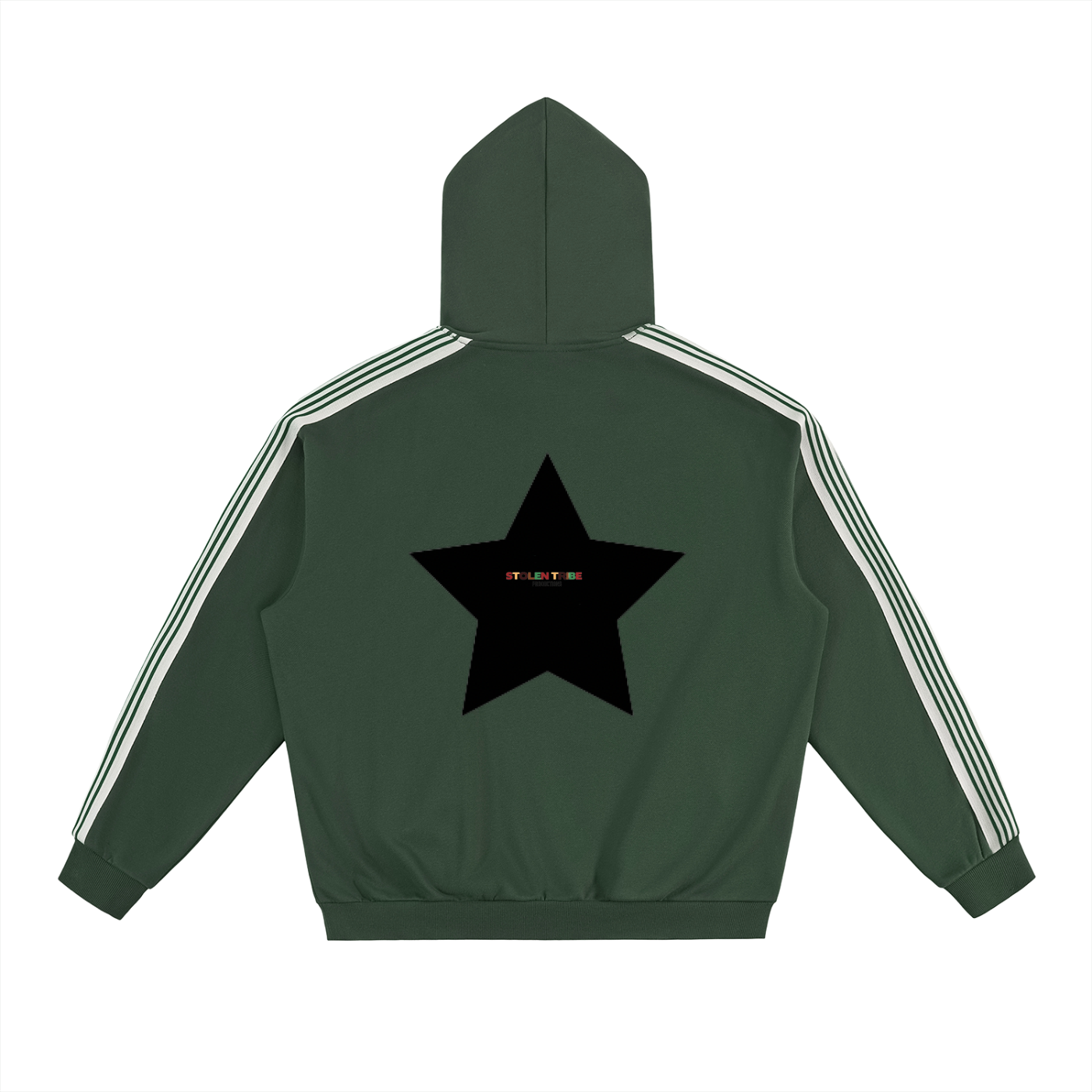Green hoodie with star design on the back against a white background