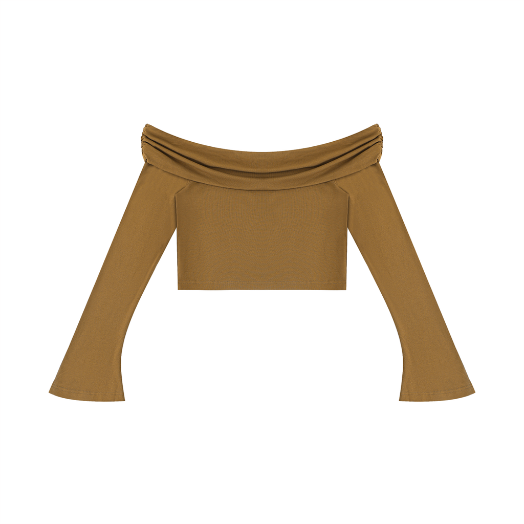 Mustard yellow long-sleeve top with a cowl neckline on a white background