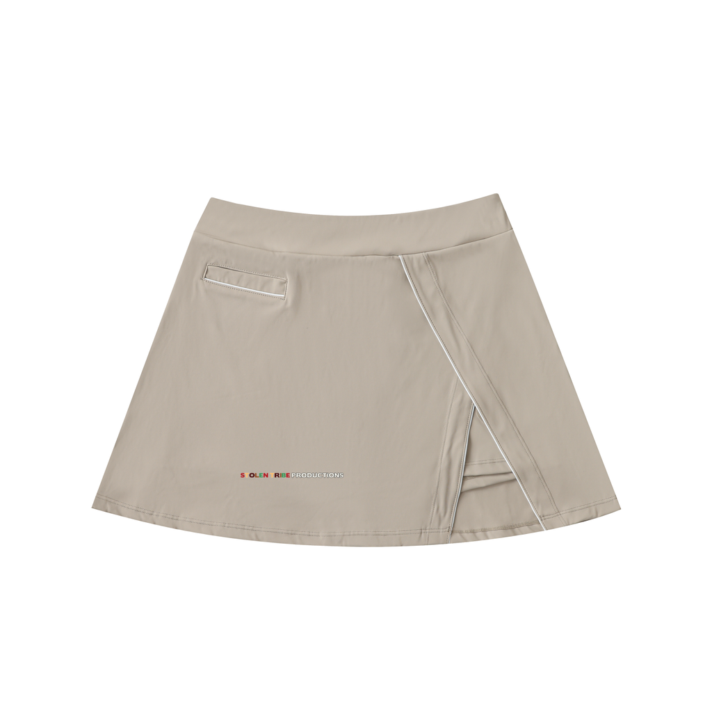 Beige skirt with a brand logo on a white background