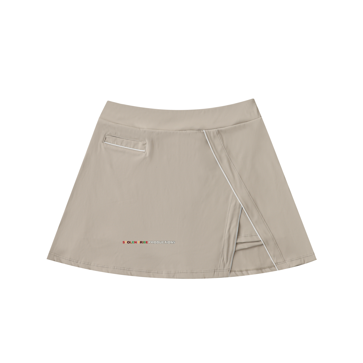 Beige skirt with a brand logo on a white background