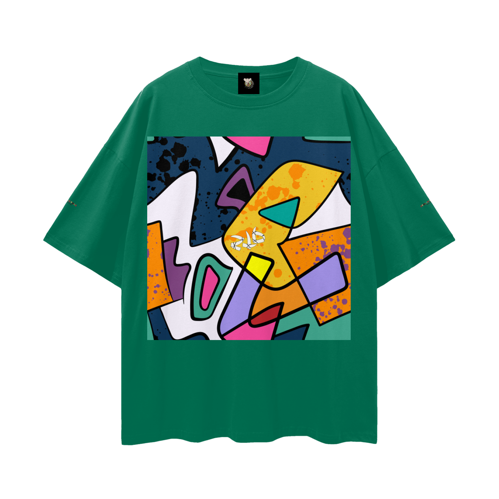 Green t-shirt with a colorful abstract design on a white background
