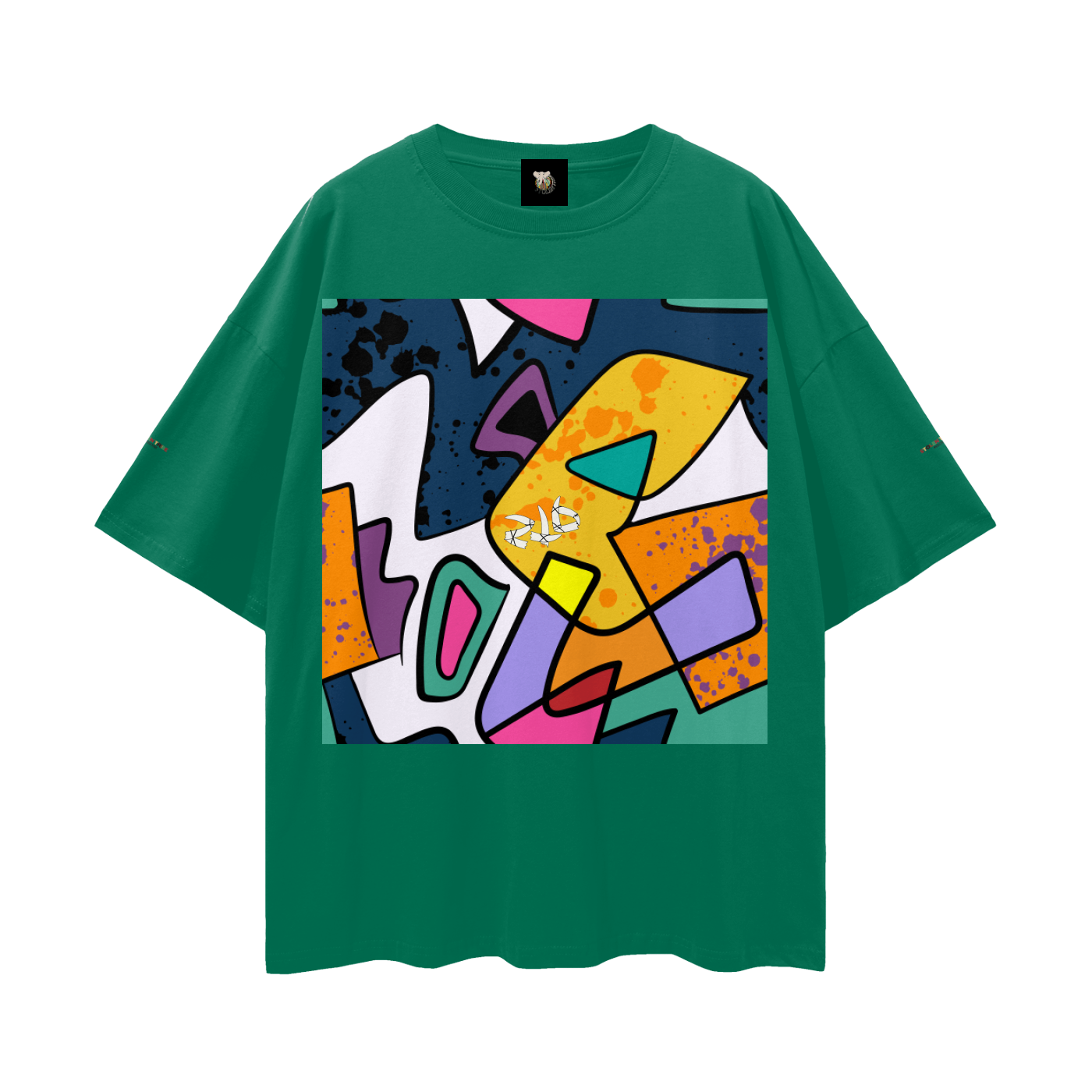 Green t-shirt with a colorful abstract design on a white background