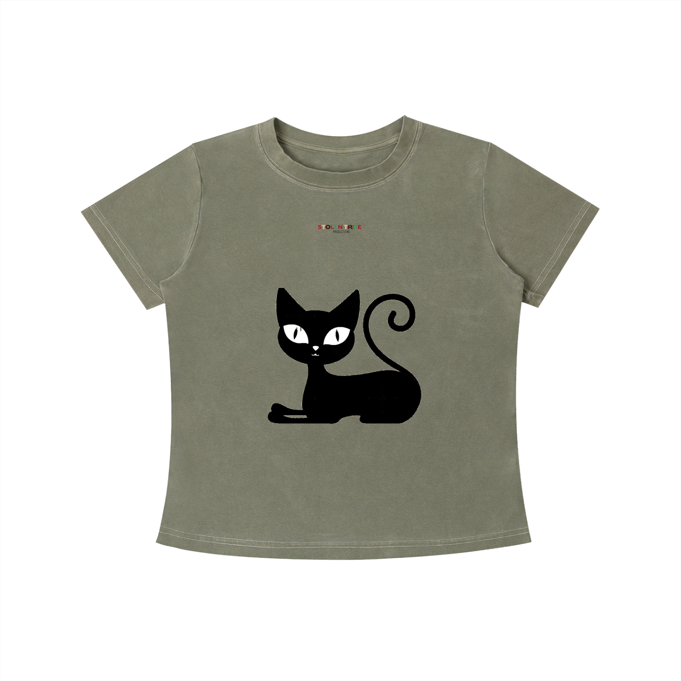 Green t-shirt with a black cat graphic on a white background