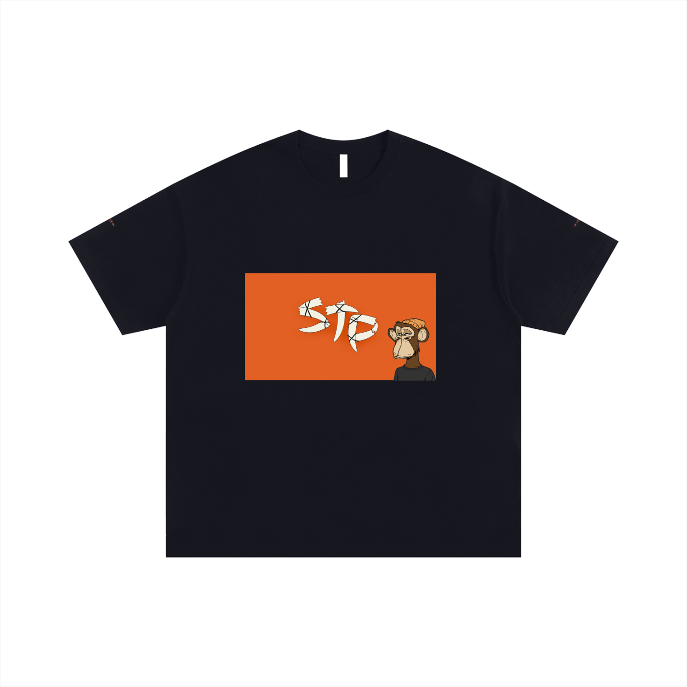 Black t-shirt with orange logo featuring a monkey and text on a white background