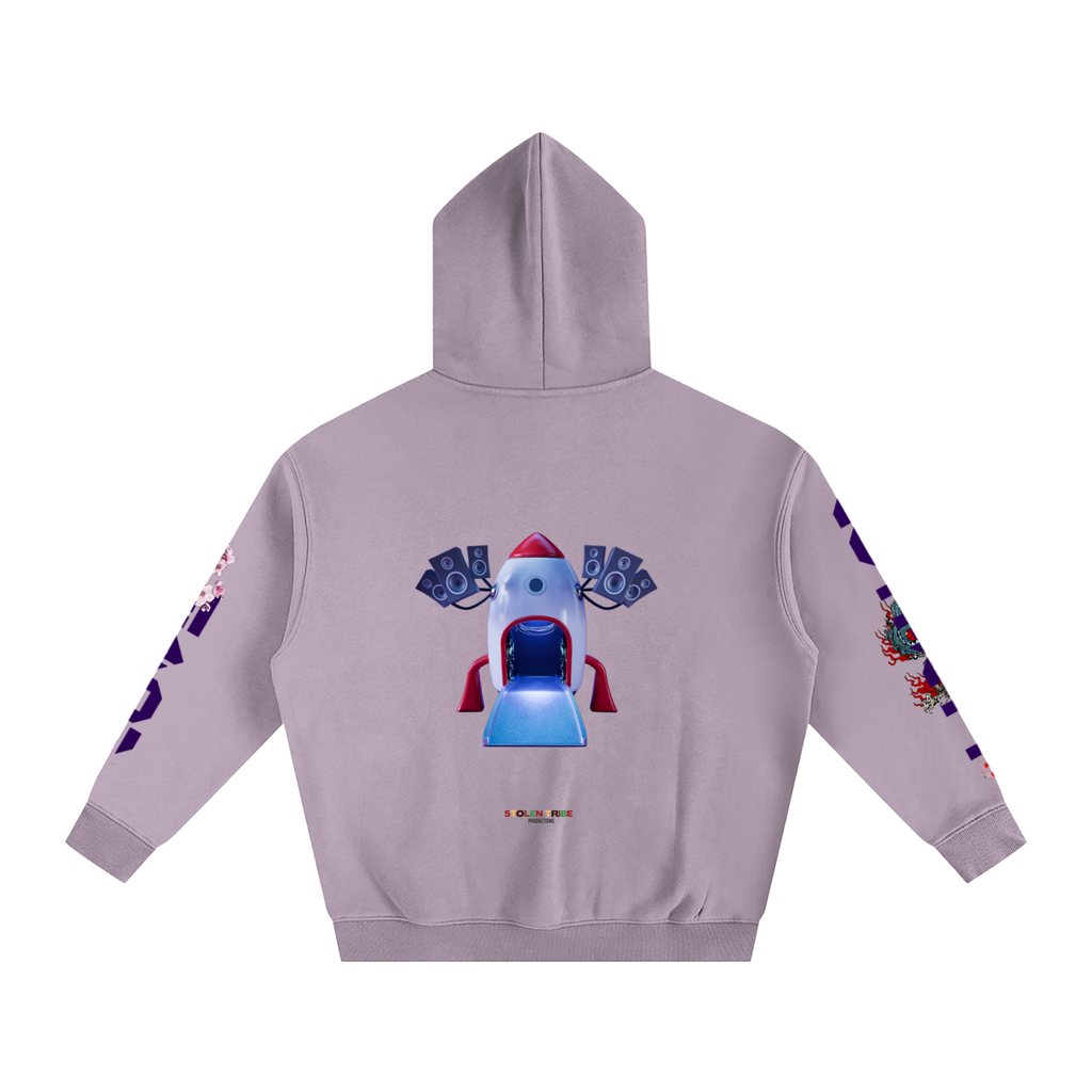 Light purple hoodie with colorful designs on sleeves and back on a white background