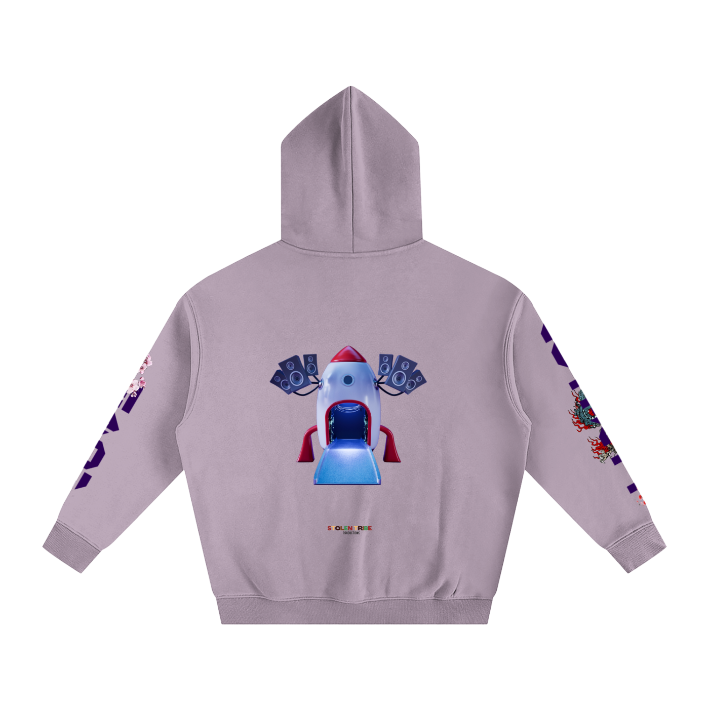 Light purple hoodie with colorful designs on sleeves and back on a white background