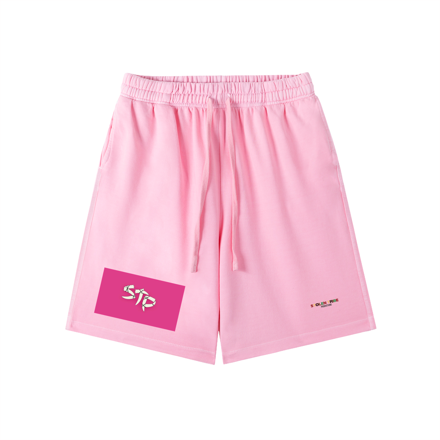 Pink shorts with a logo on a white background