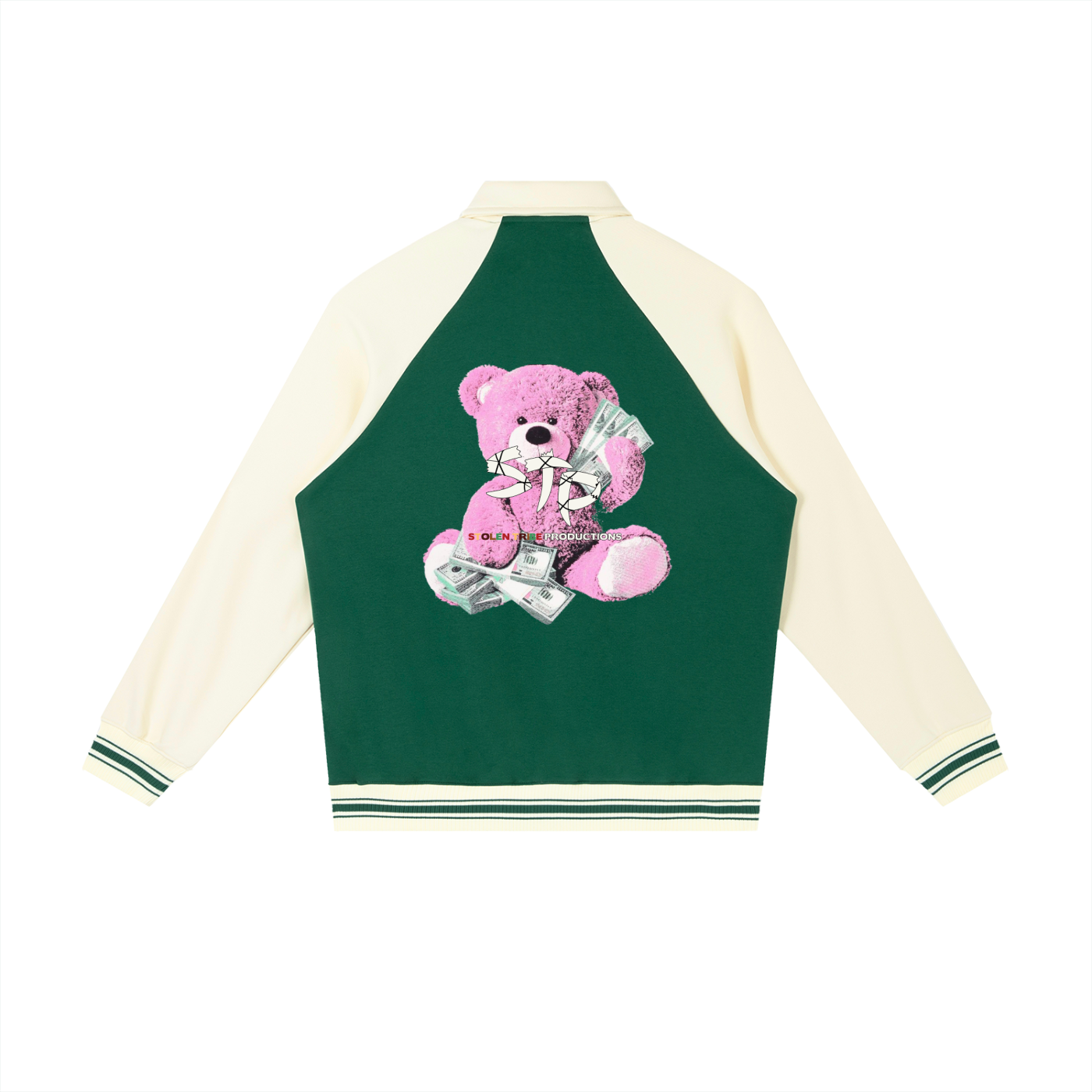 Green and cream varsity jacket with a teddy bear design on a white background