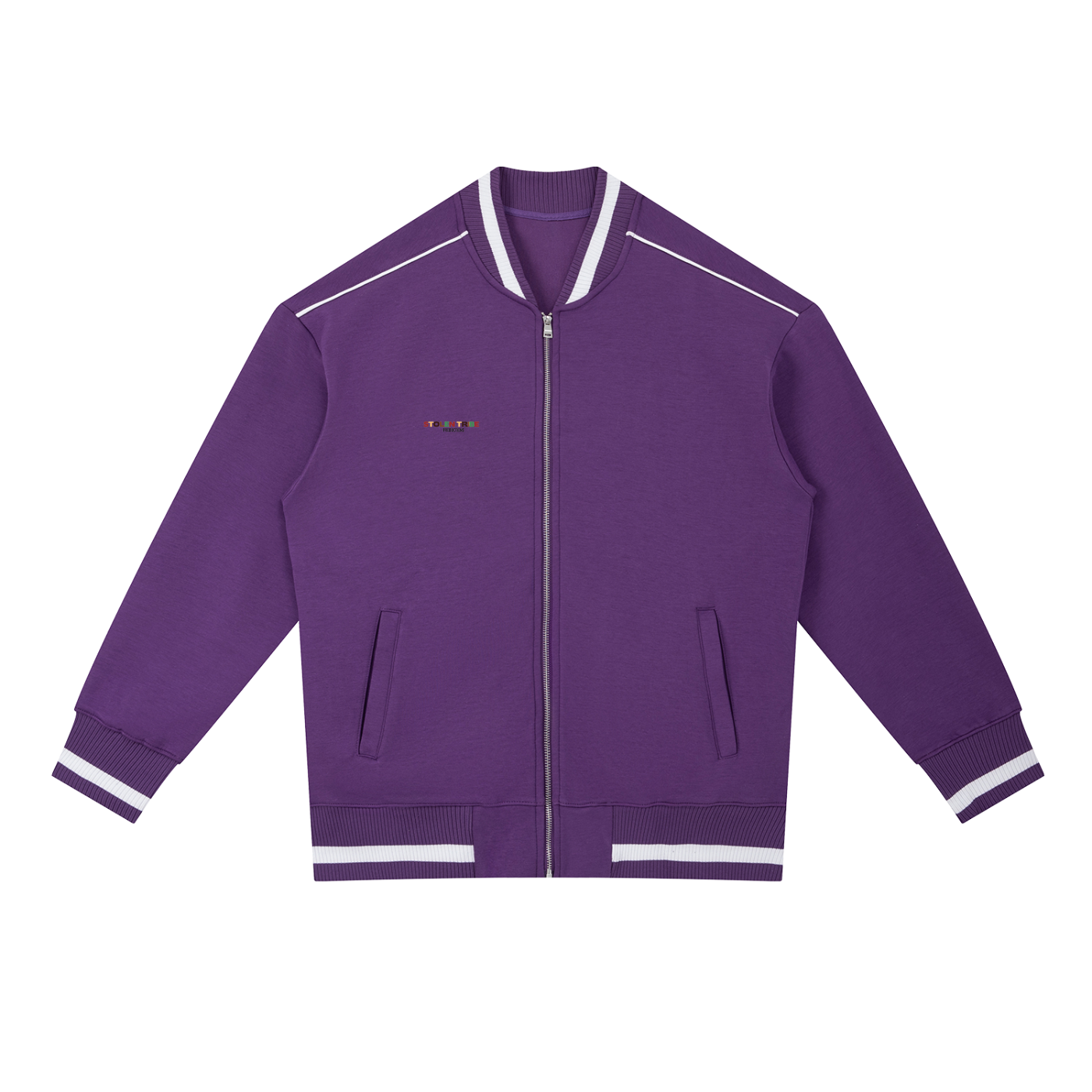 Purple jacket with white trim on a white background