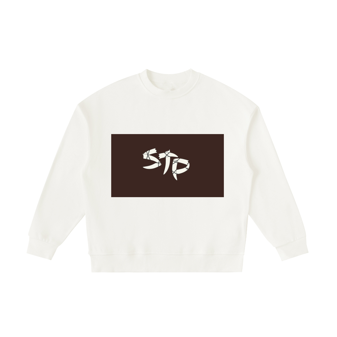 White sweatshirt with a brown rectangle featuring white text on a white background