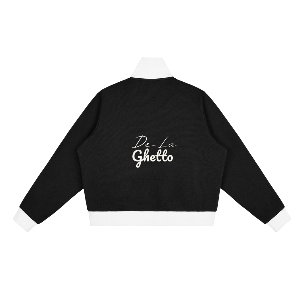 Black sweatshirt with 'De La Ghetto' text on a white background
