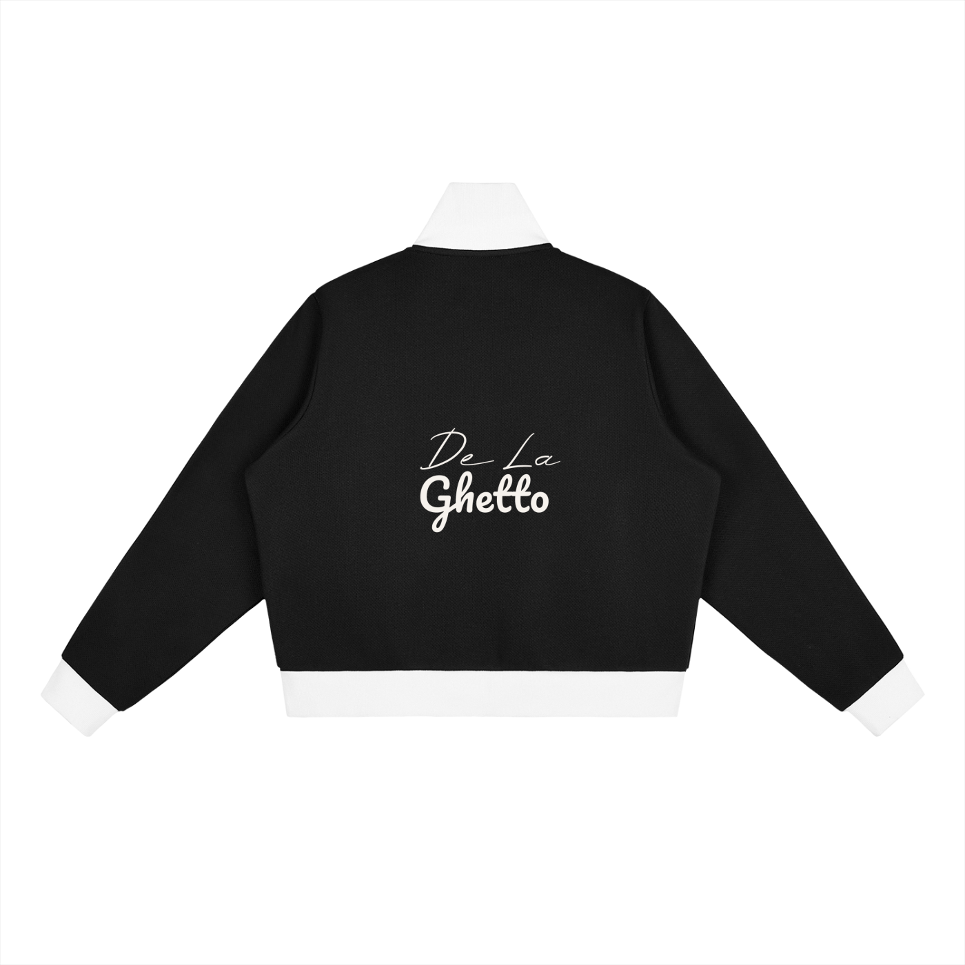 Black sweatshirt with 'De La Ghetto' text on a white background