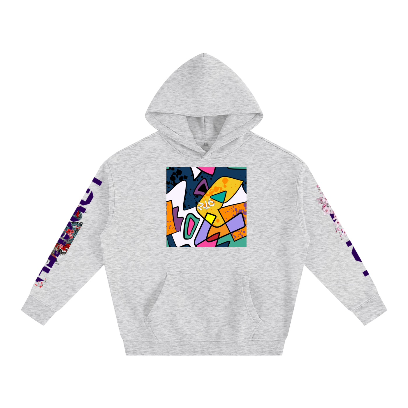 Gray hoodie with colorful geometric design on a white background
