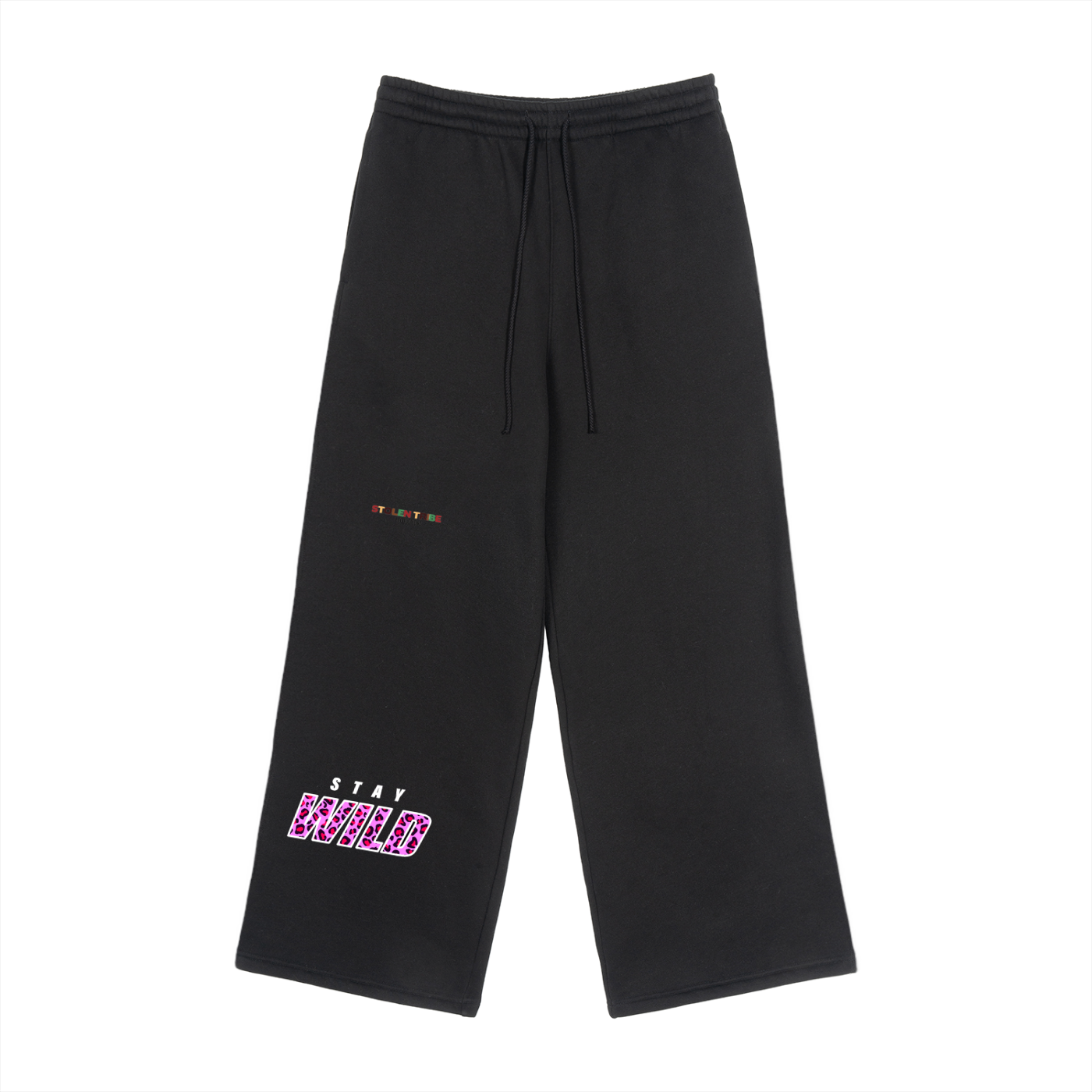 Black pants with text on a white background