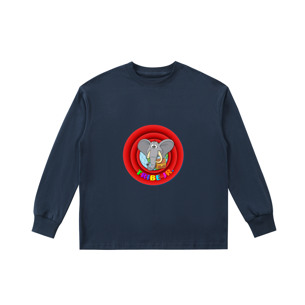 Navy blue long-sleeve shirt with a colorful elephant graphic and text on a white background