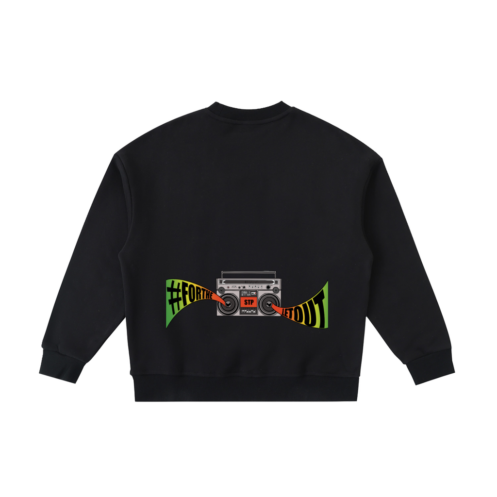 Black sweatshirt with a graphic design on the back against a white background