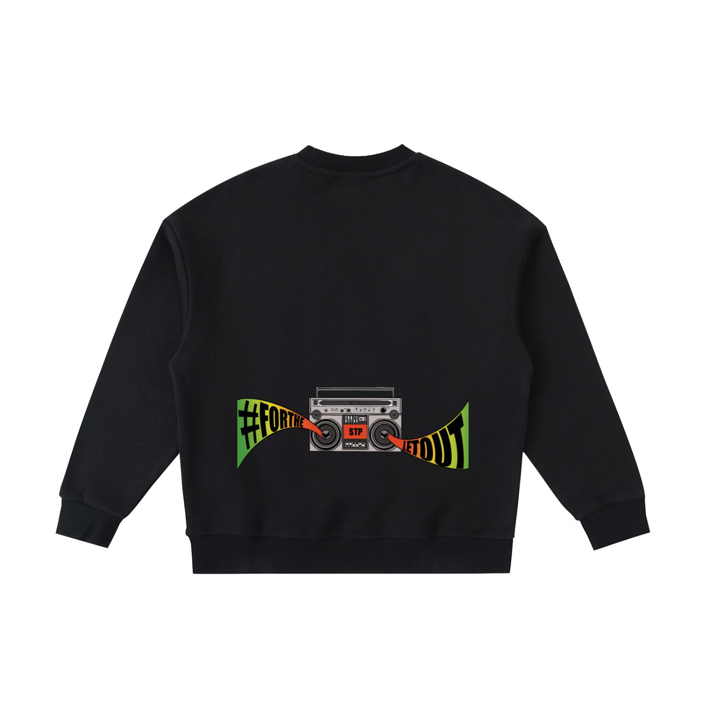 Black sweatshirt with a graphic design on the back against a white background