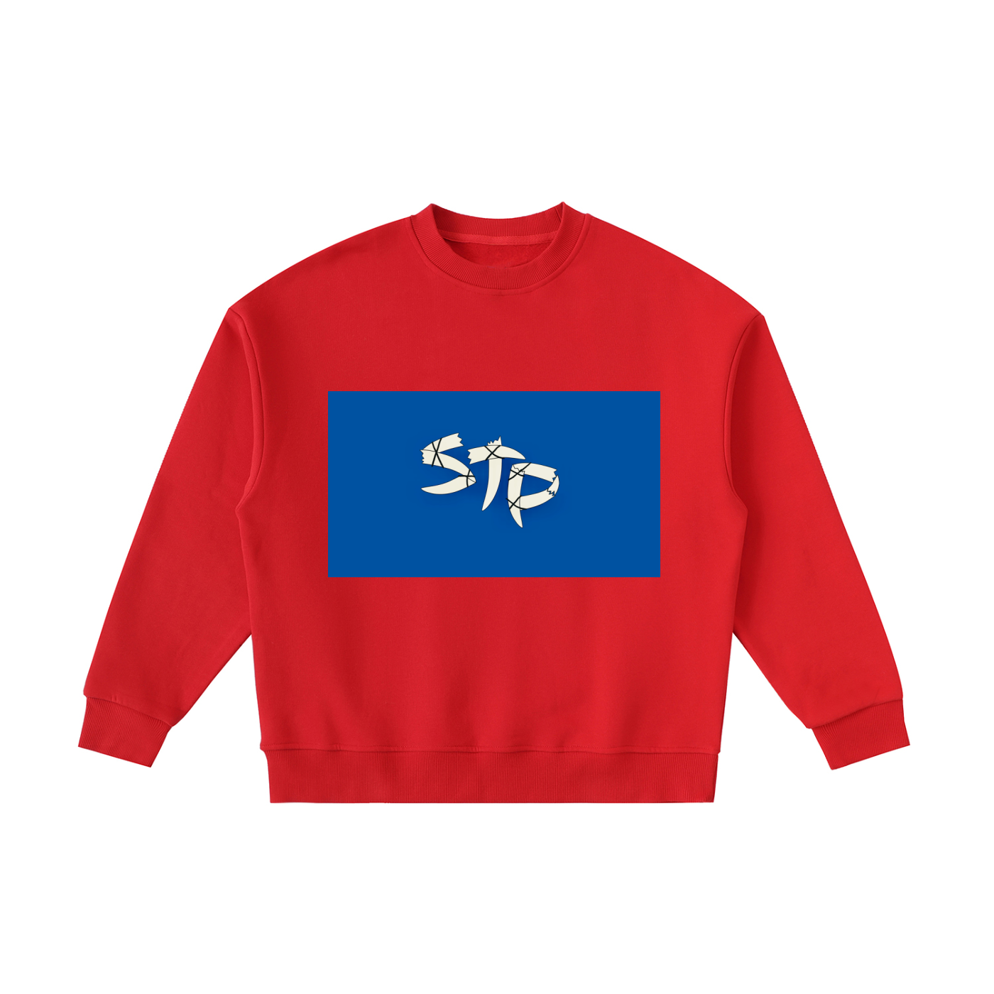 Red sweatshirt with a blue rectangular logo featuring the word 'STP' on a white background