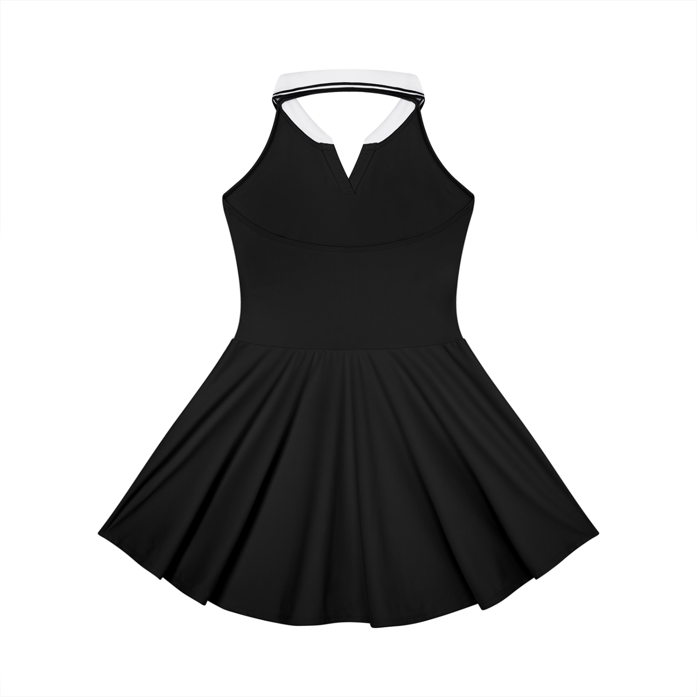 Black dress with white collar on a white background