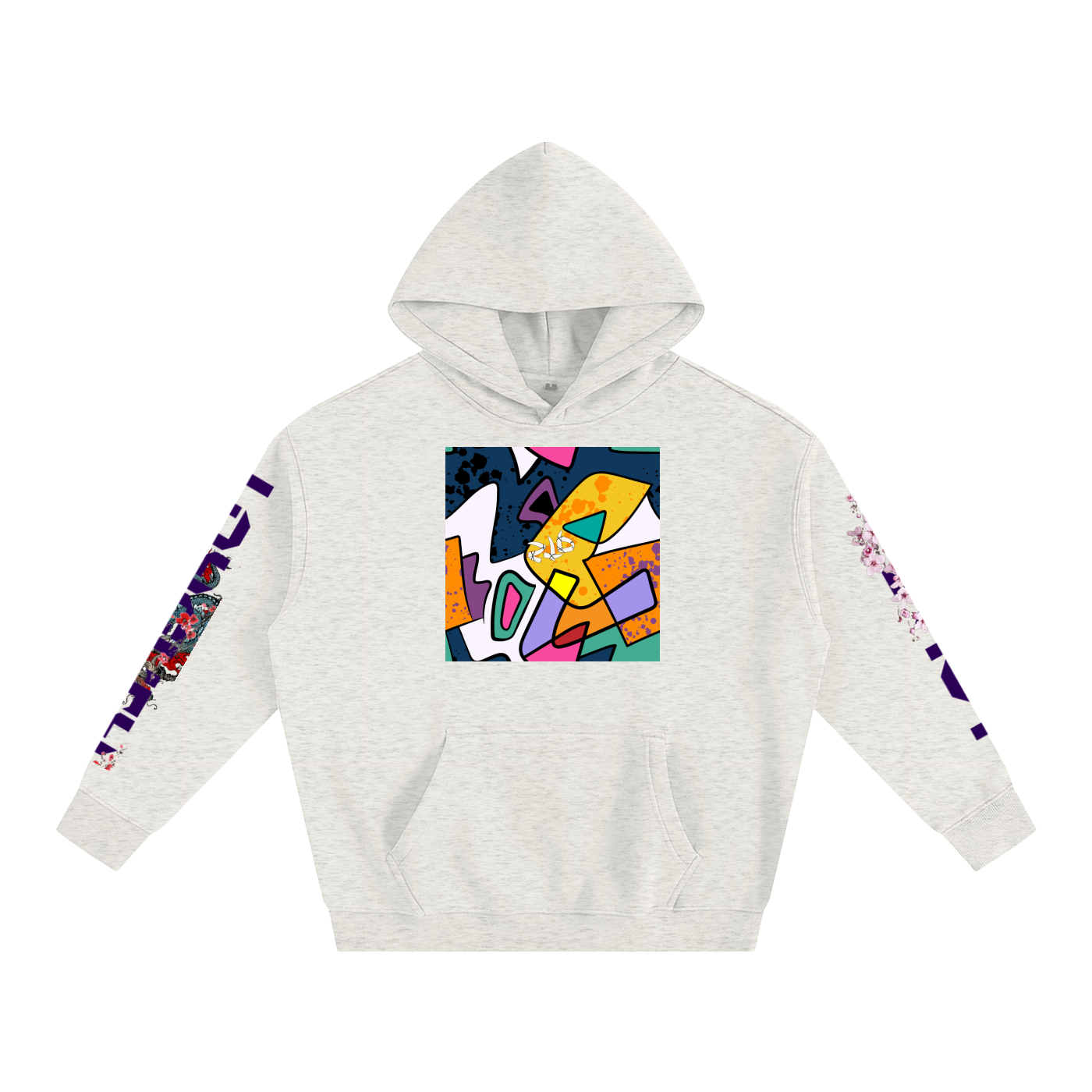 Gray hoodie with colorful geometric design on a white background