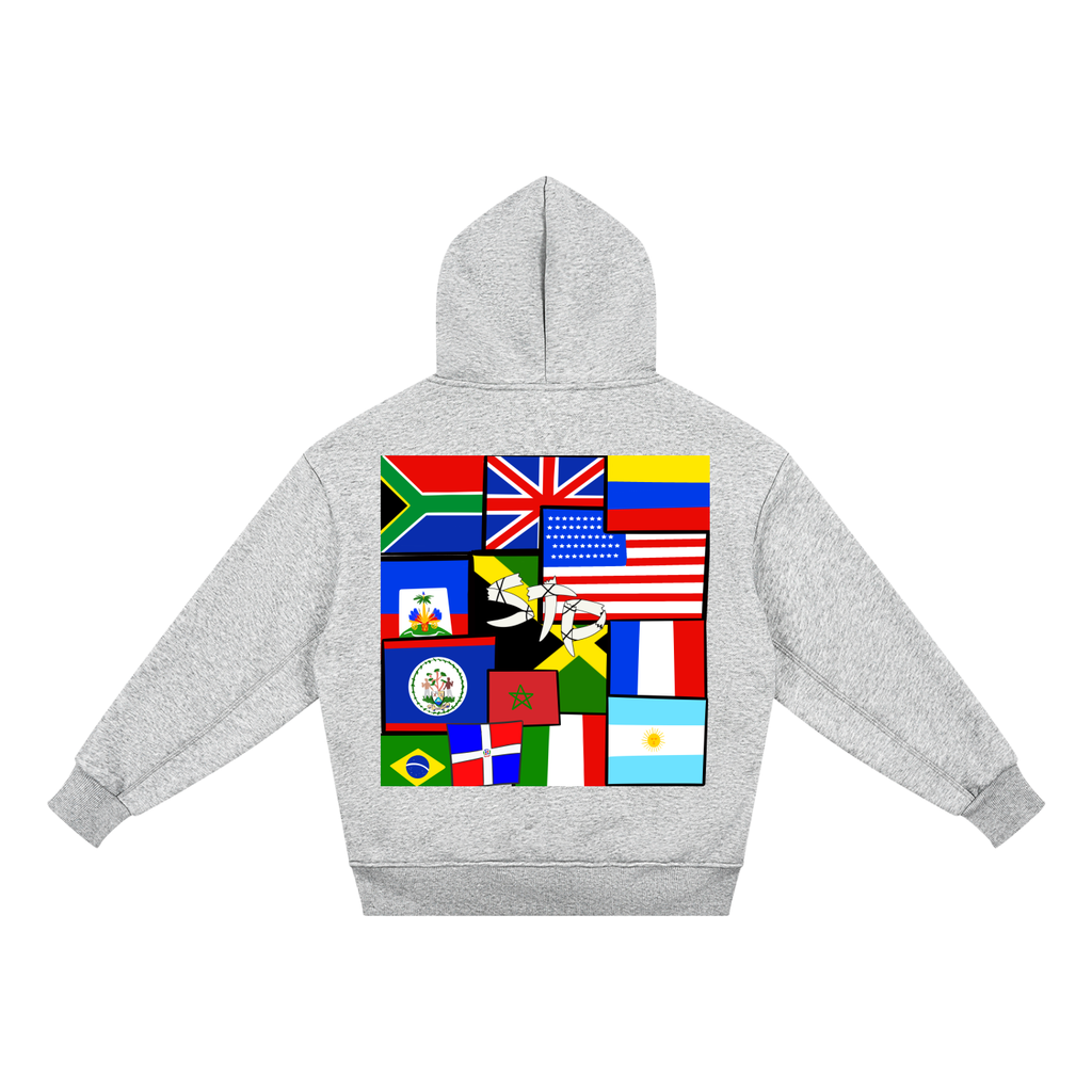 Gray hoodie with a colorful pattern of various flags on the back against a white background