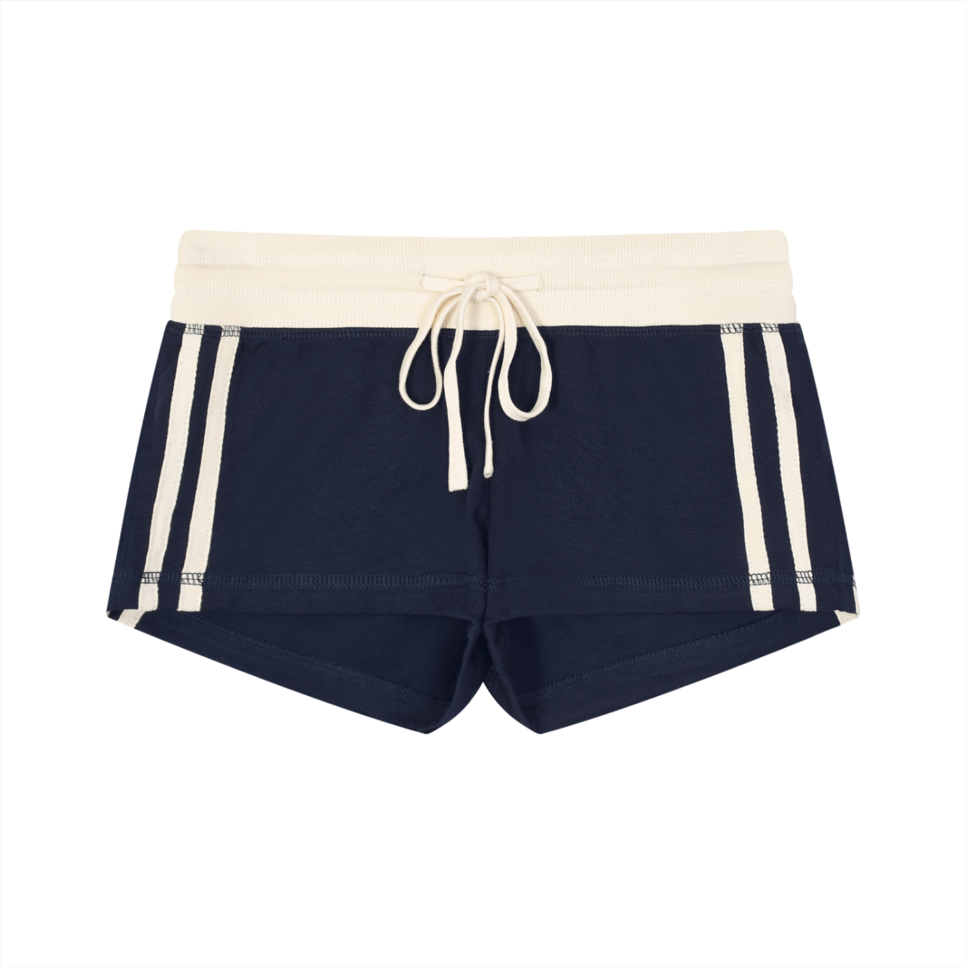 Navy shorts with white drawstring and trim on a white background
