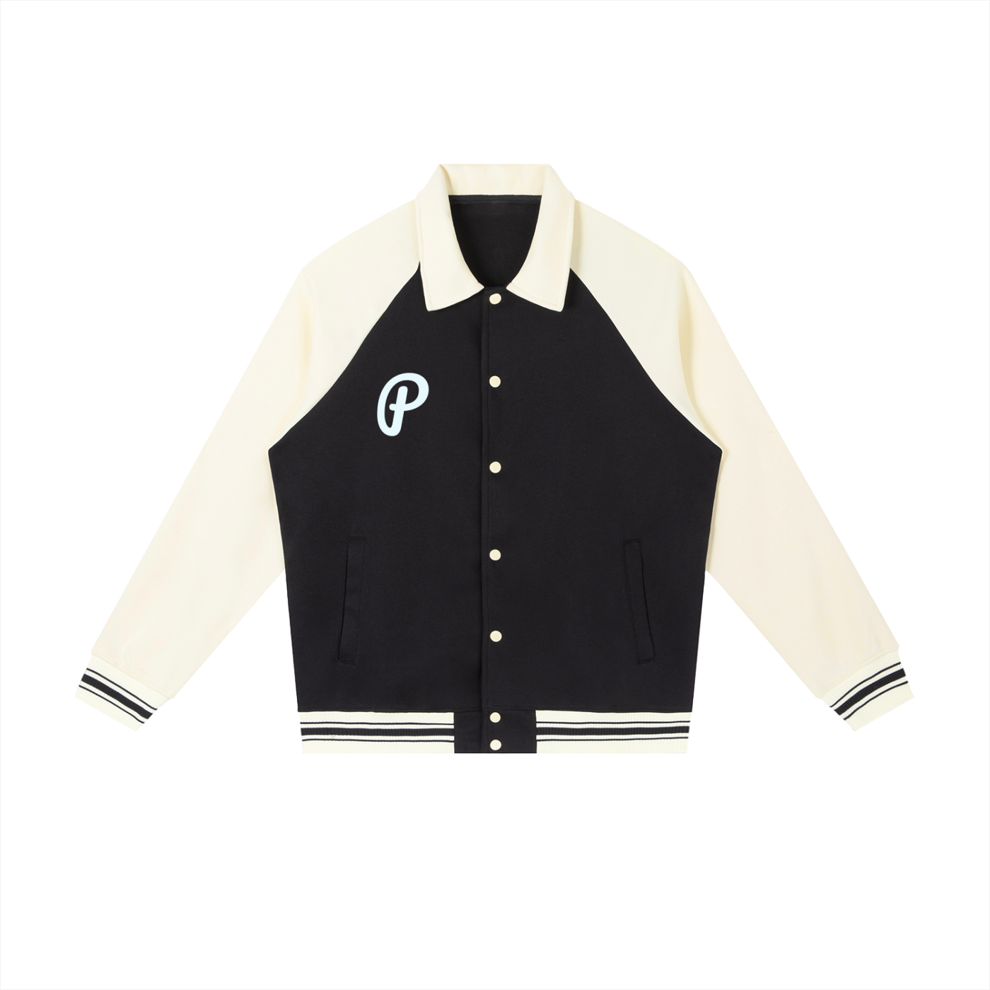 Black and cream varsity jacket with a logo on a white background