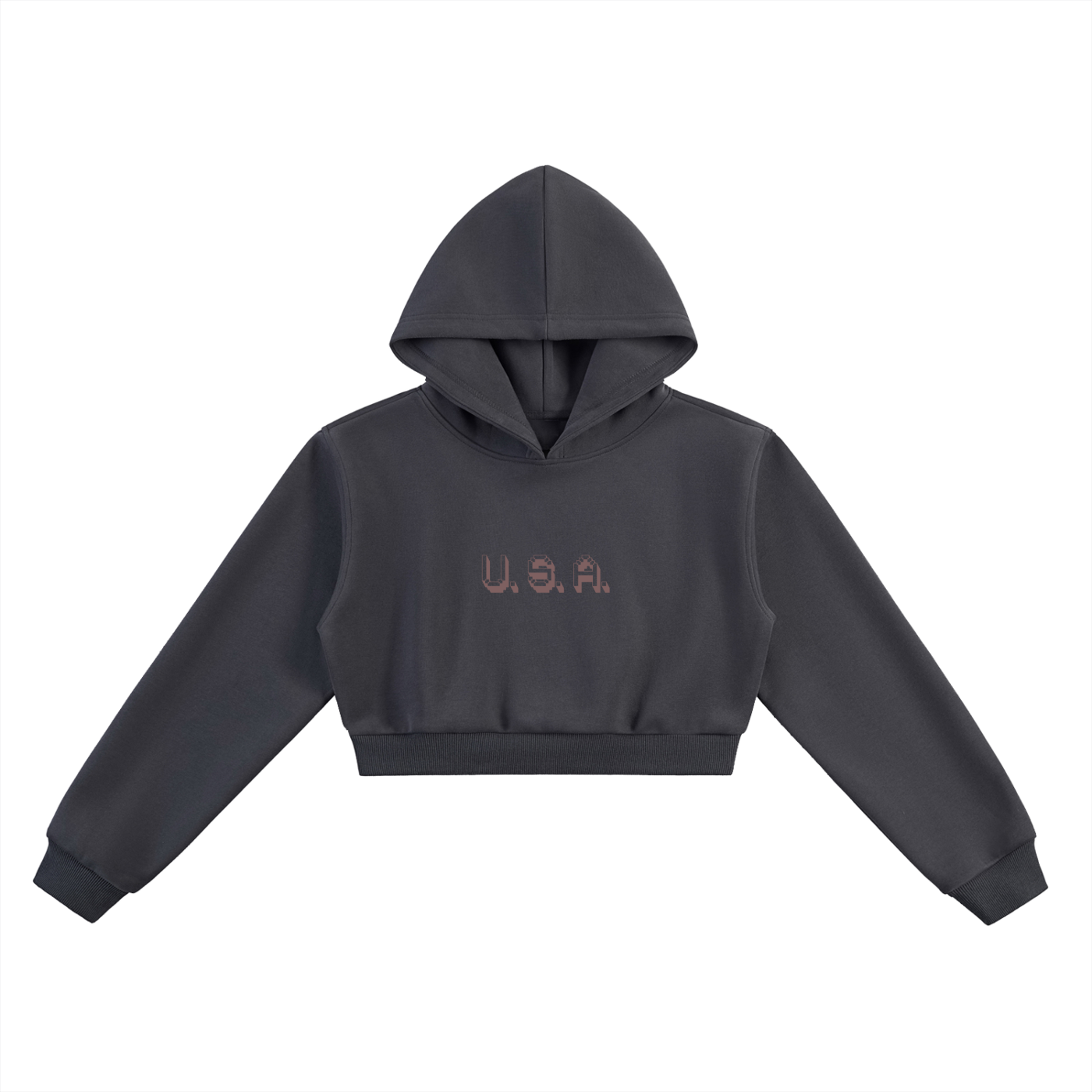 Black hoodie with a pink logo on a white background