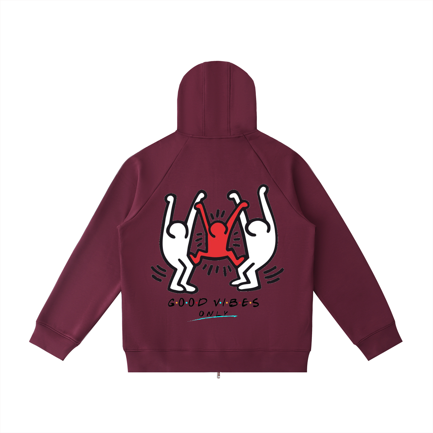 Maroon hoodie with graphic design on the back on a white background