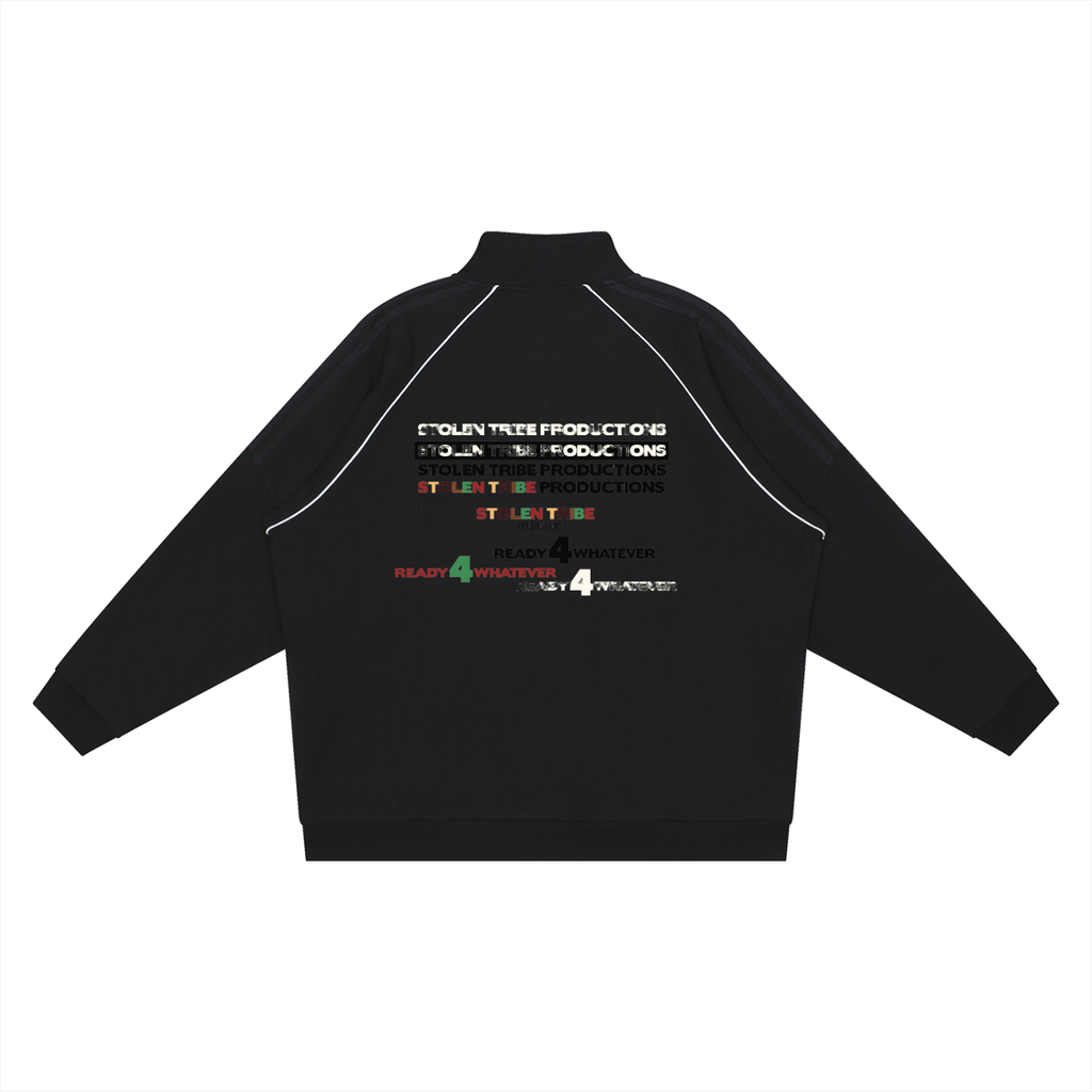 Black jacket with text on the back against a white background