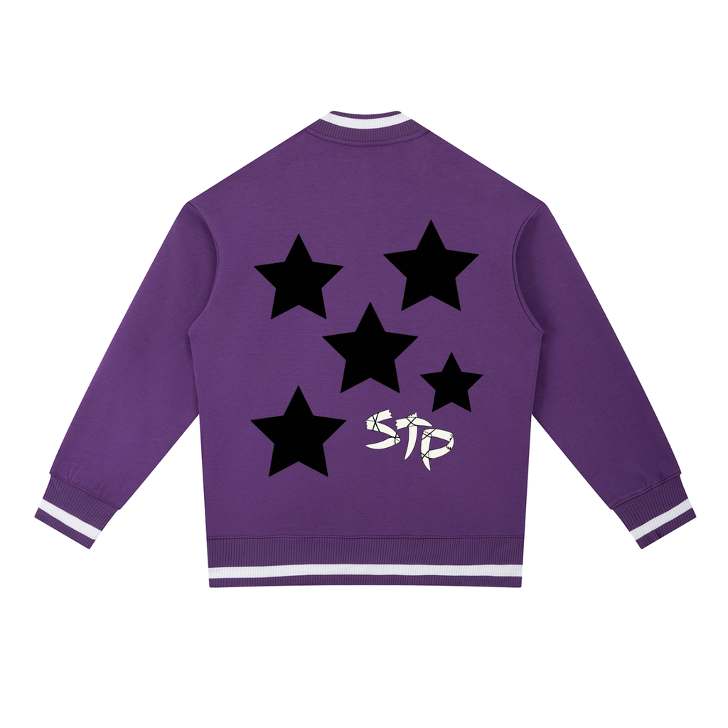 Purple jacket with black stars and a logo on the back against a white background