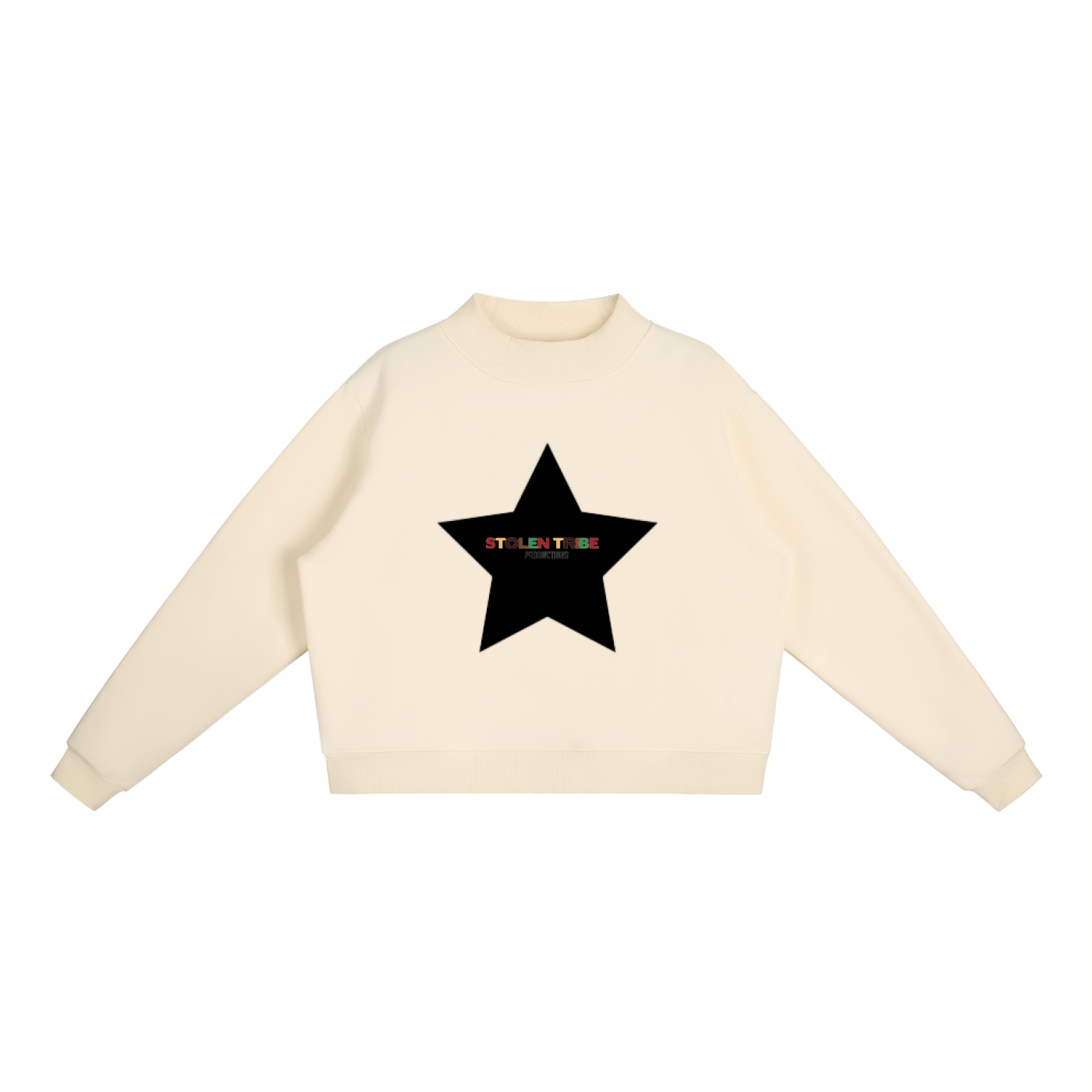 Beige sweatshirt with a black star and colorful text on a white background