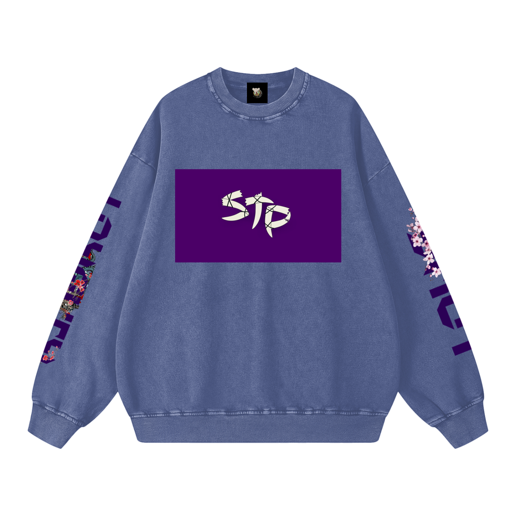 Blue sweatshirt with a purple logo and floral patterns on sleeves against a white background