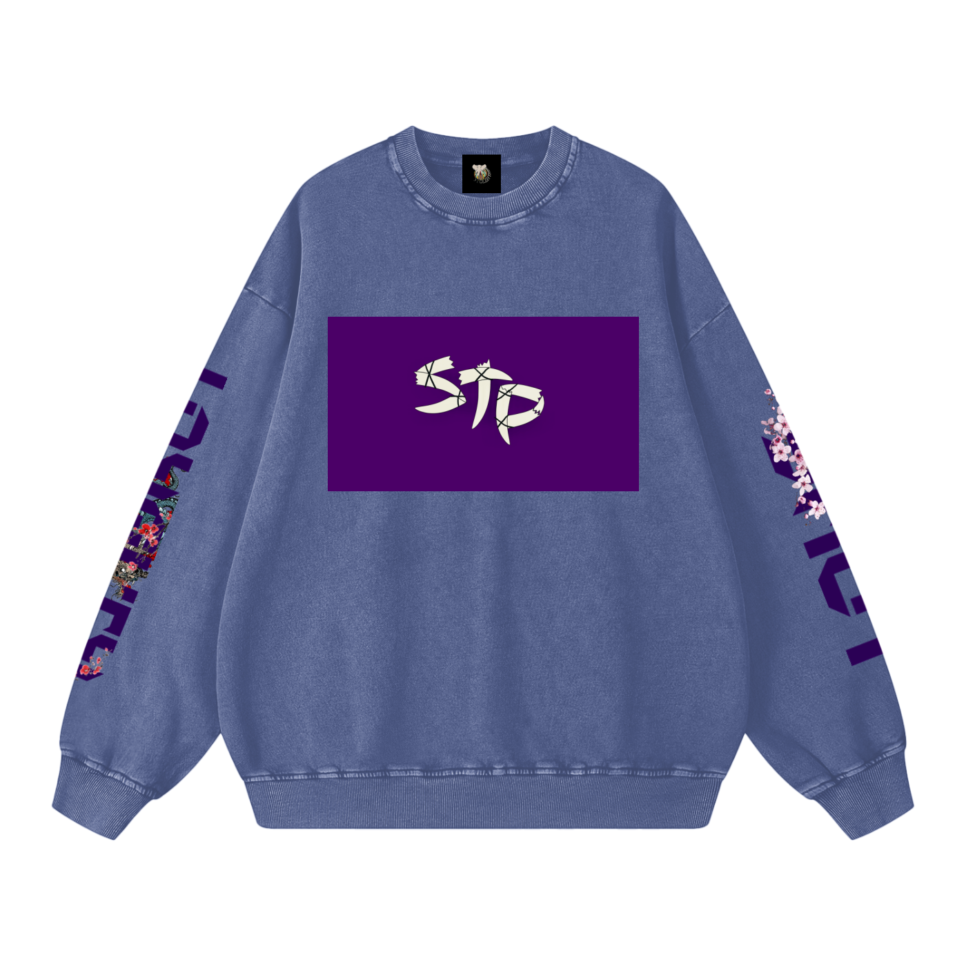 Blue sweatshirt with a purple logo and floral patterns on sleeves against a white background