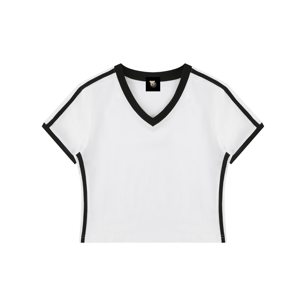White t-shirt with black trim on a white background