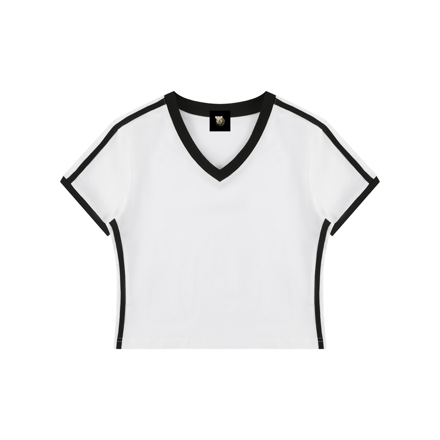 White t-shirt with black trim on a white background